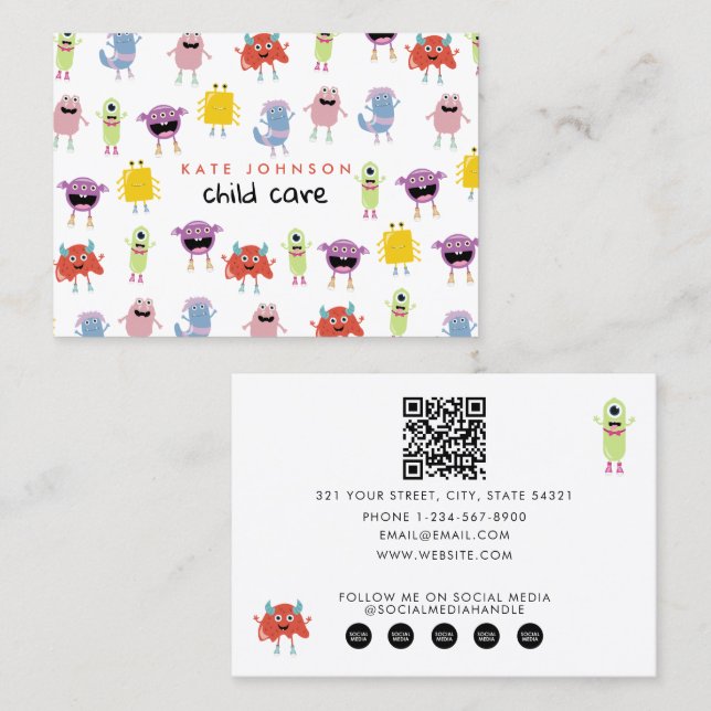 Cute Colorful Monsters Child Care Babysitter Business Card (Front/Back)