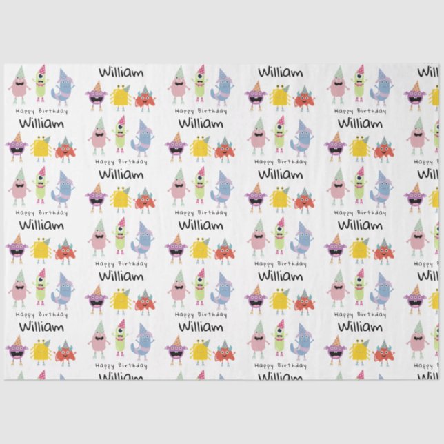 Cute Colorful Monsters Funny Kids Birthday Name Tissue Paper (Front)