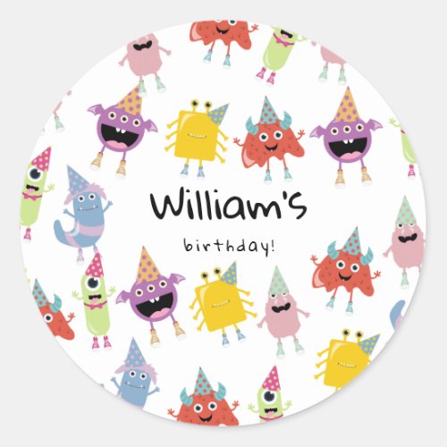 Cute Colorful Monsters Funny Kids Birthday Party Classic Round Sticker