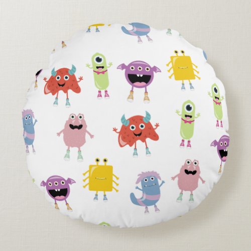 Cute Colorful Monsters Funny Kids Pattern Round Pillow
