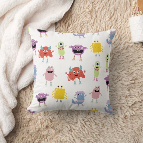 Cute Colorful Monsters Funny Kids Pattern Throw Pillow