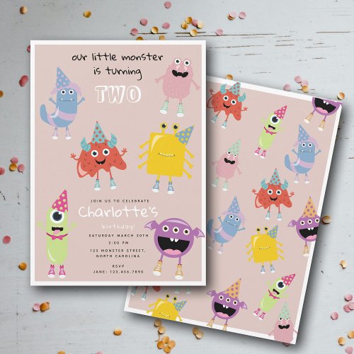 Cute Colorful Monsters Pink Girls Birthday Party Invitation
