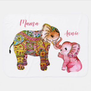 Cute Colorful Mother and Baby Elephant Nursery Blanket