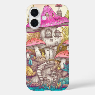 Cute Colorful Mushroom House Art iPhone 16 Case