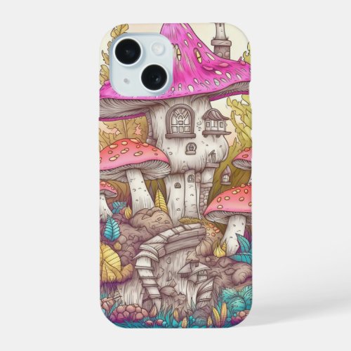 Cute Colorful Mushroom House Art iPhone 15 Case