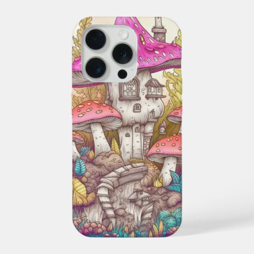 Cute Colorful Mushroom House Art iPhone 15 Pro Case