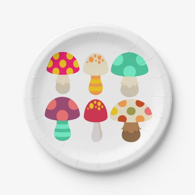 Cute colorful mushrooms paper plates (Front)