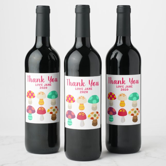 Cute colorful mushrooms wine label (Bottles)