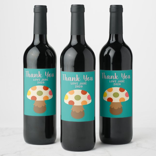 Cute colorful mushrooms wine label (Bottles)