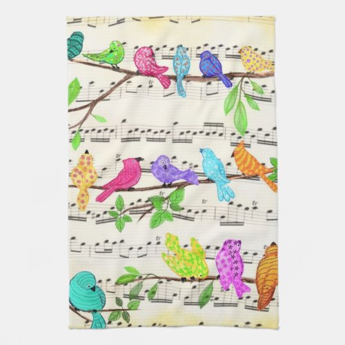 Cute Colorful Musical Birds Kitchen Towel