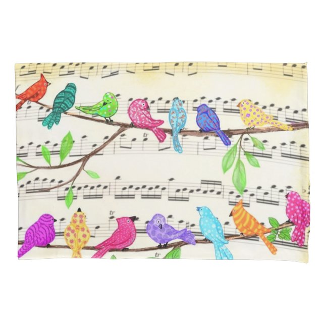 Cute Colorful Musical Birds Pillow Case (Front)