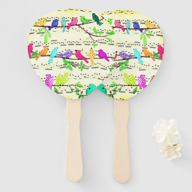 Cute Colorful Musical Birds Symphony Hand Fan (Front and Back)