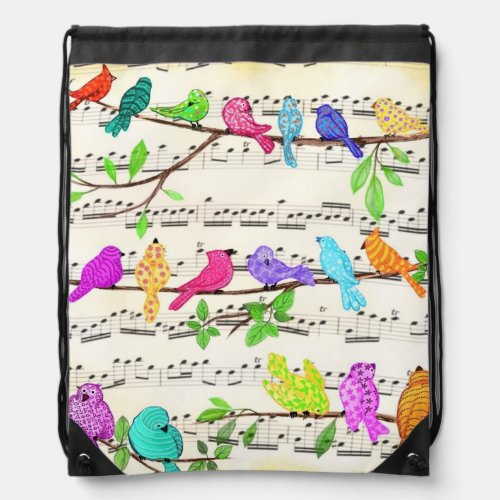 Cute Colorful Musical Birds Symphony _ Happy Song  Drawstring Bag