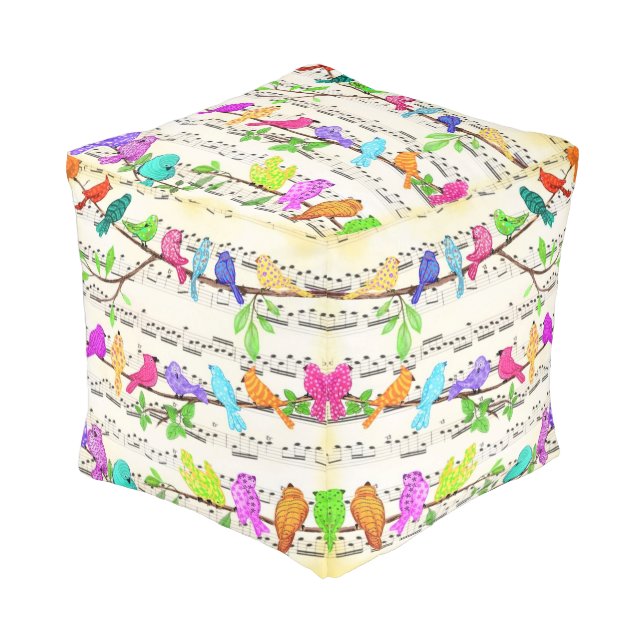 Cute Colorful Musical Birds Symphony - Happy Song  Pouf (Angled Front)