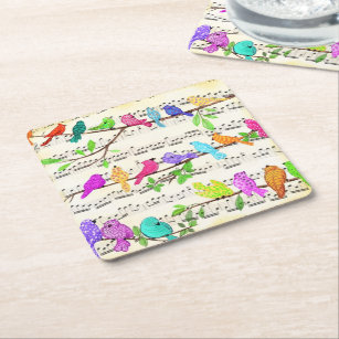 Cute Colorful Musical Birds Symphony - Happy Song  Square Paper Coaster