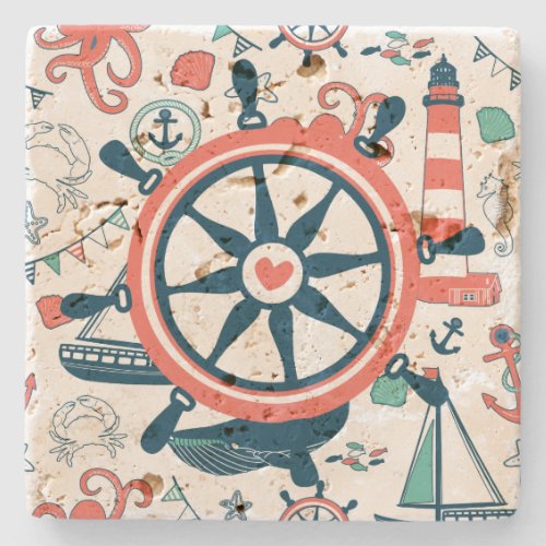 Cute Colorful Nautical Boat Wheel Pattern Stone Coaster