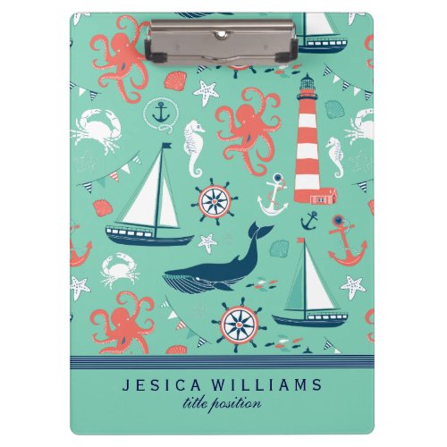 Cute Colorful Nautical Pattern Mint Background Clipboard