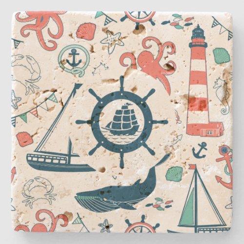 Cute Colorful Nautical Pattern With Boat Wheel Stone Coaster