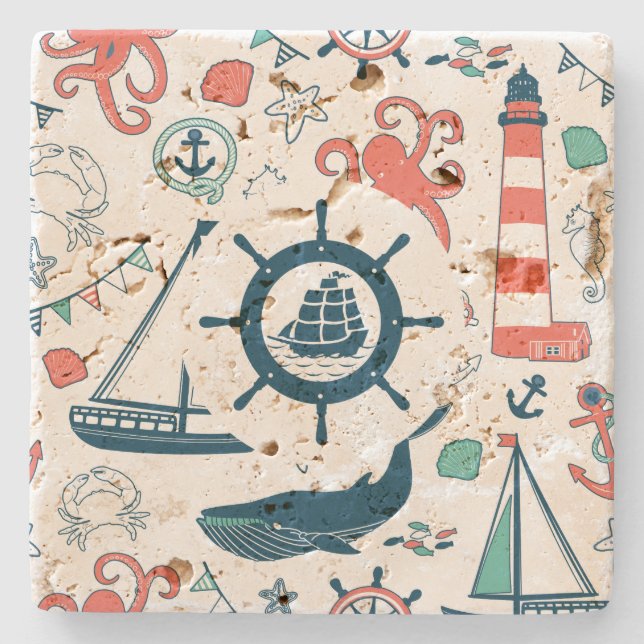 Cute Colorful Nautical Pattern With Boat Wheel Stone Coaster (Front)