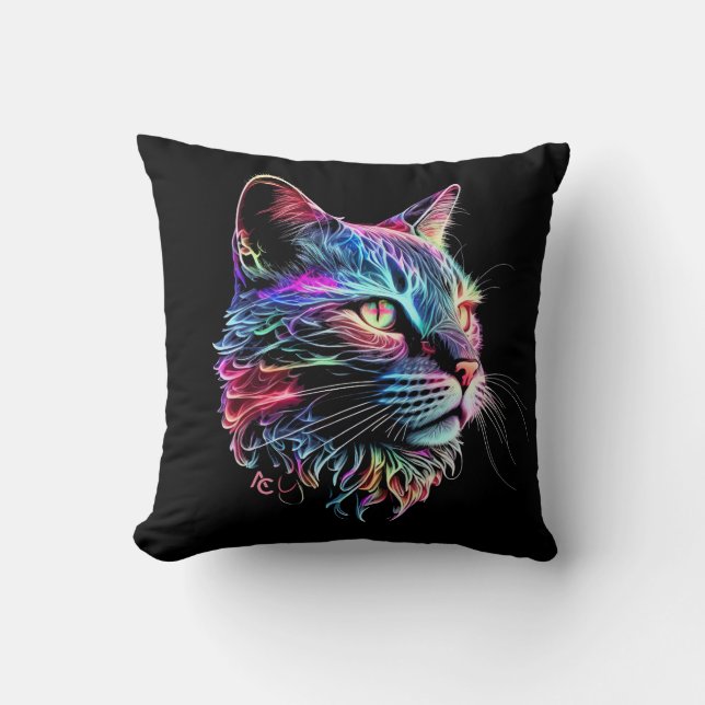 Cute Colorful Neon Cat Throw Pillow (Front)