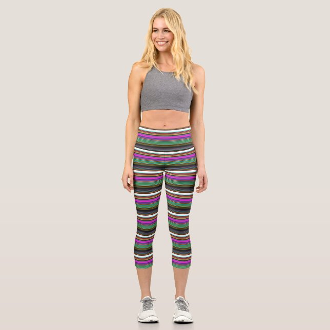 Cute colorful neon stripes capri leggings (Front)