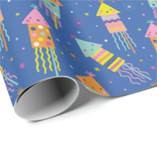 Cute Colorful New Year's Eve Fireworks blue Wrapping Paper