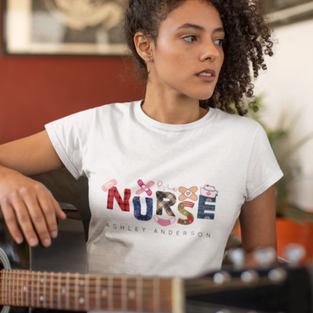 Cute Colorful Nurse Gift Custom Name Christmas T-Shirt (Creator Uploaded)