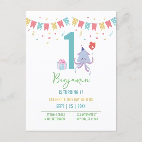 Cute Colorful Octopus Balloon Banners 1st Birthday Postcard
