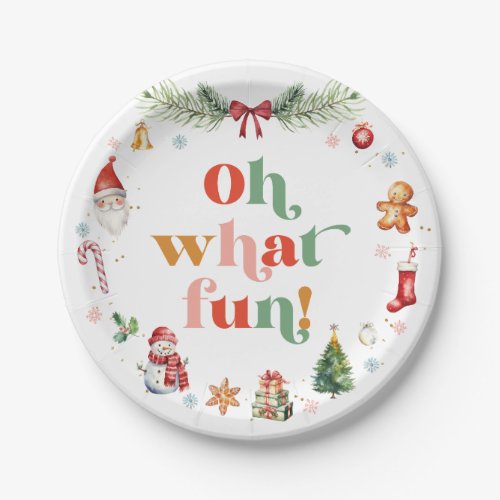 Cute Colorful Oh What Fun Christmas Holiday Party Paper Plates