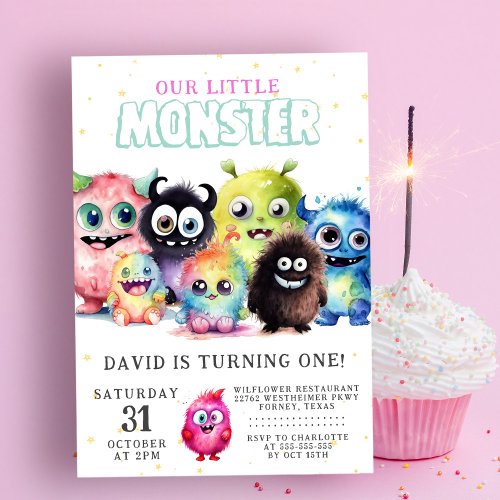 Cute Colorful Our Little Monster 1st Birthday Invitation