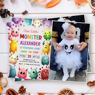 Cute Colorful Our Little Monster Birthday Photo Invitation