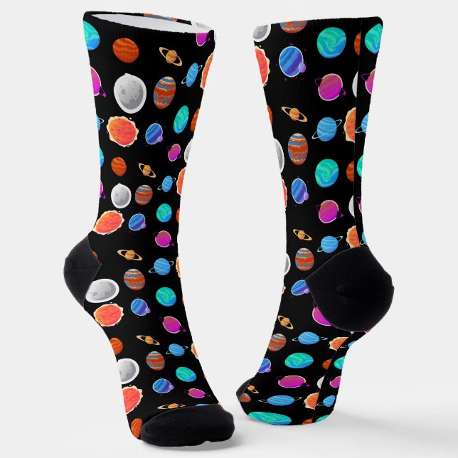 Cute Colorful outerspace Planets pattern black Socks (Angled)
