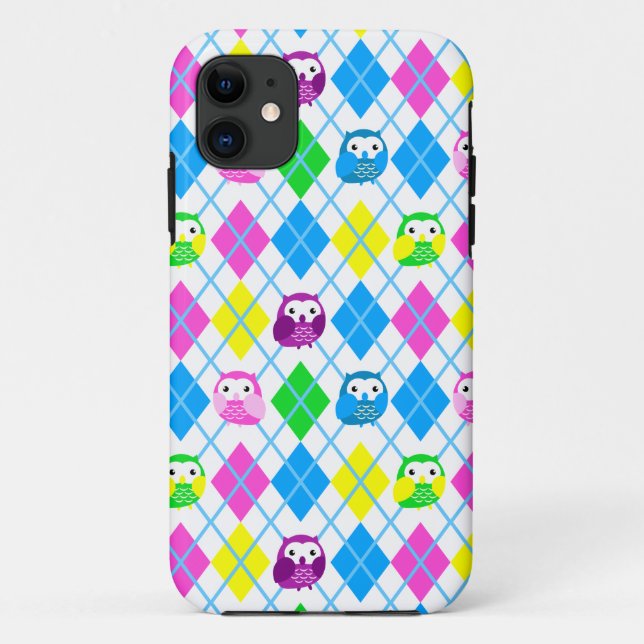 Cute Colorful Owl Argyle Case-Mate iPhone Case (Back)