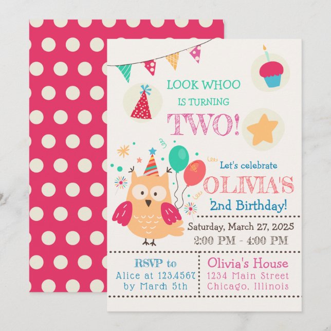 Cute colorful Owl Birthday Party Invitation (Front/Back)