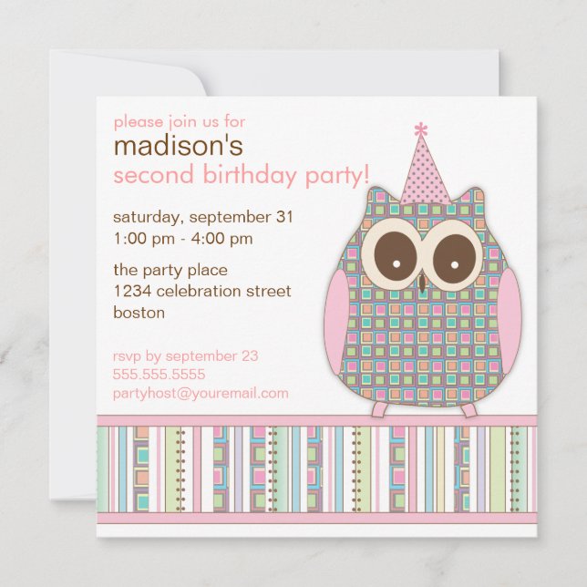 Cute Colorful Owl Child Birthday Party Invitation (Front)
