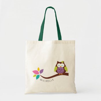 Cute Colorful Owl On A Branch Personalized Tote Bag by CitronellaKids at Zazzle