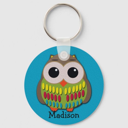 Cute Colorful Owl on Blue Personalized Keychain