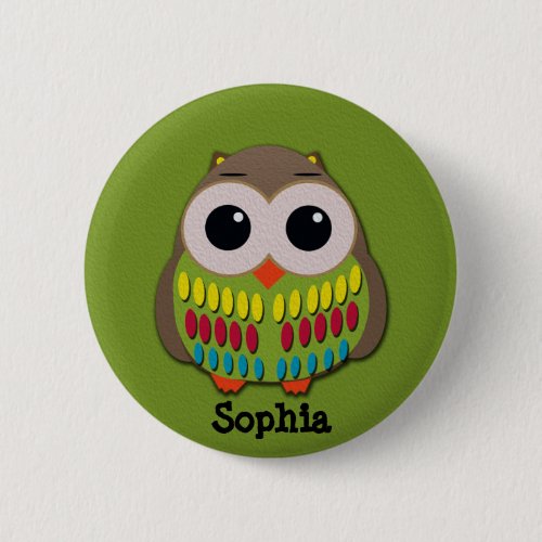 Cute Colorful Owl on Green Personalized Button