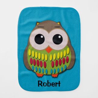 Cute Colorful Owl on Personalized Blue Burp Cloth