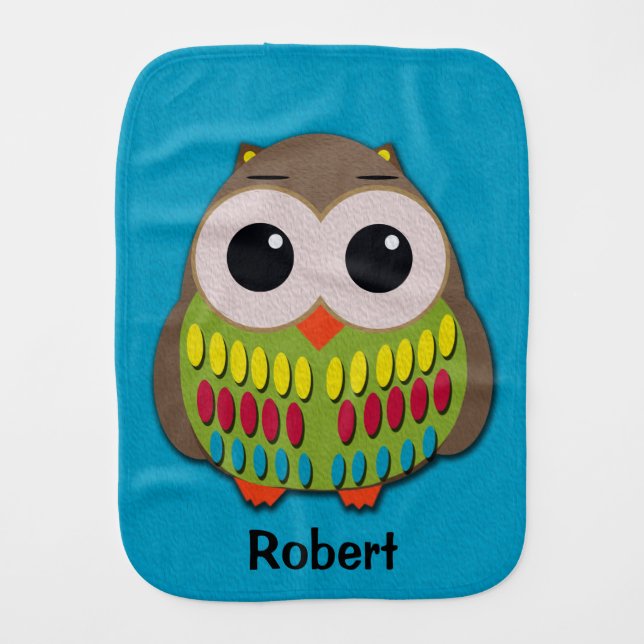 Cute Colorful Owl on Personalized Blue Burp Cloth (Front)