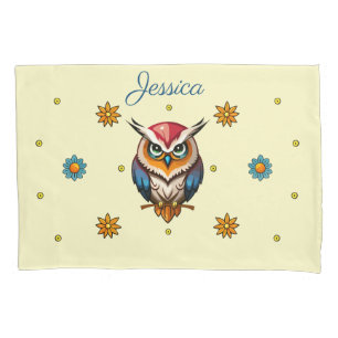 Cute Colorful Owl with Flowers Girly Pillow Case