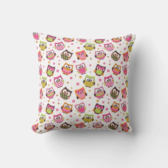 Cute Colorful Owls Pillow (White) (Front)