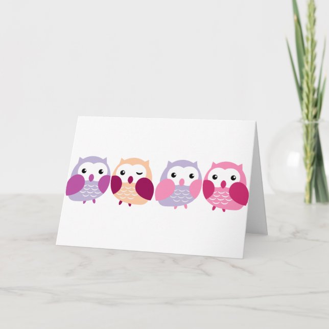Cute Colorful Owls - Pink and Purple Pastels Holiday Card (Front)