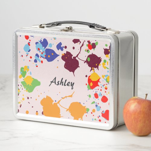Cute Colorful Paint Splatter Name Metal Lunch Box