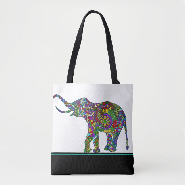 Cute Colorful Paisley Elephant On Black & White Tote Bag (Front)