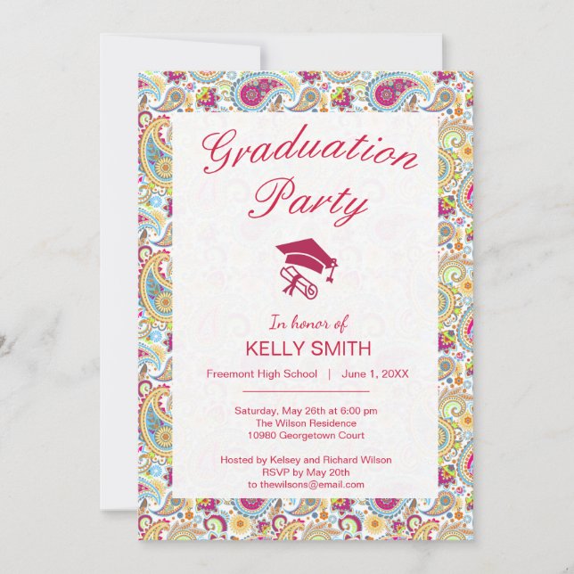 Cute colorful paisley pattern graduation party invitation (Front)