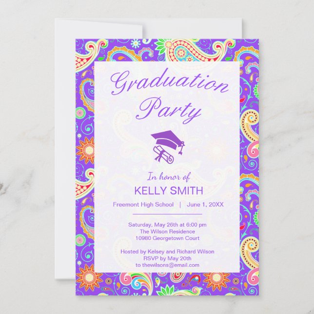 Cute colorful paisley pattern graduation party invitation (Front)