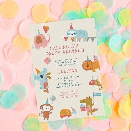 Cute  Colorful Party Animals Kids Birthday Party Invitation
