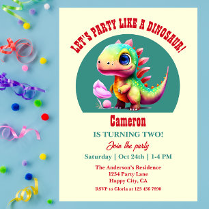 Cute Colorful Party Like a Dinosaur 2nd birthday Invitation