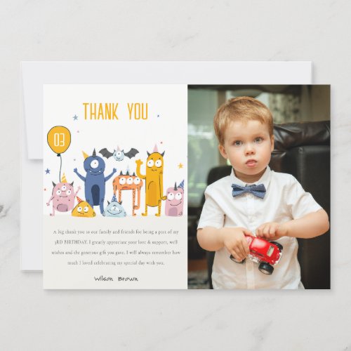 Cute Colorful Party Monsters Kids Photo Birthday Thank You Card